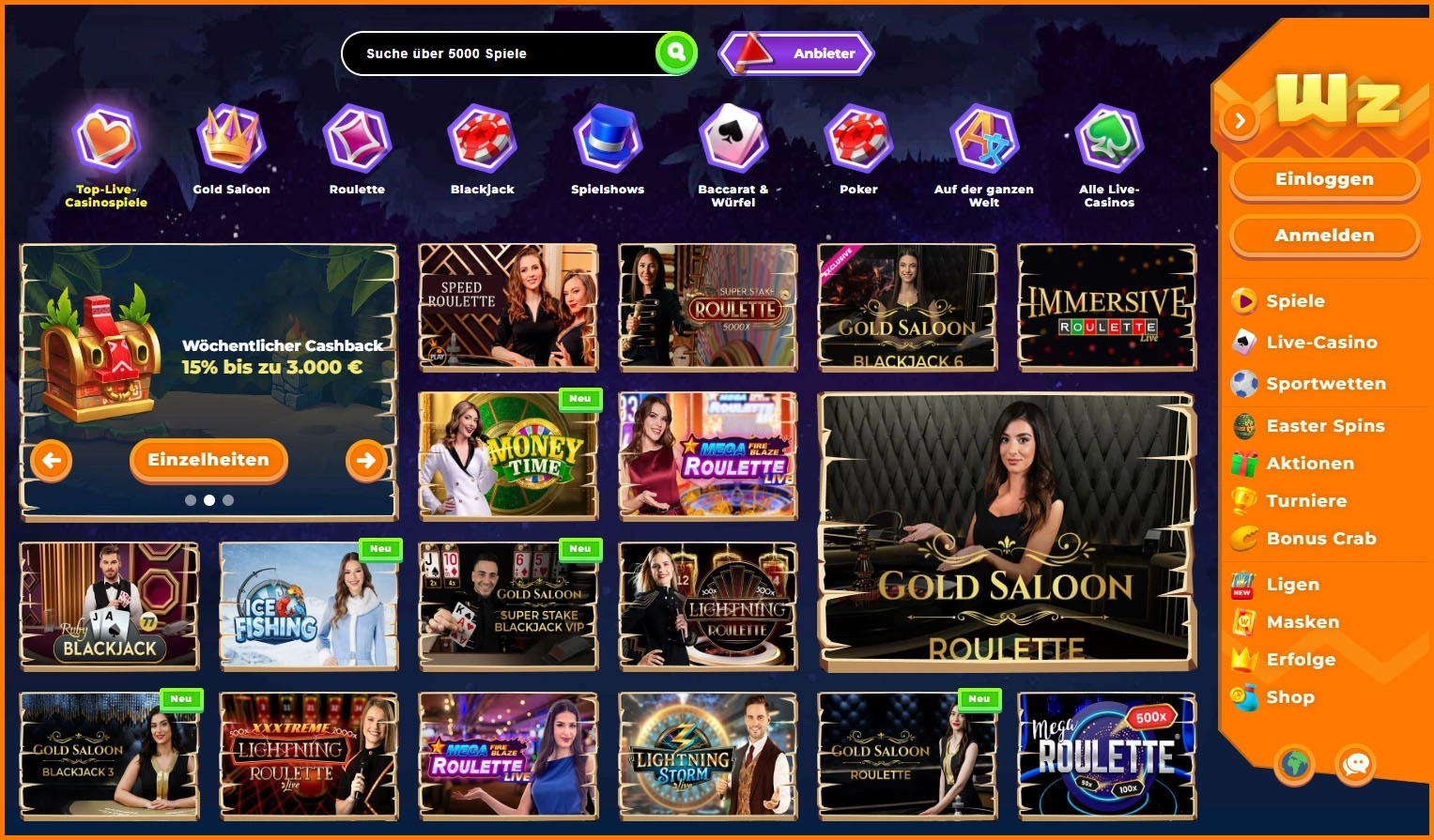 Alle Live-Casino auf einen Blick bei Wazamba Casino