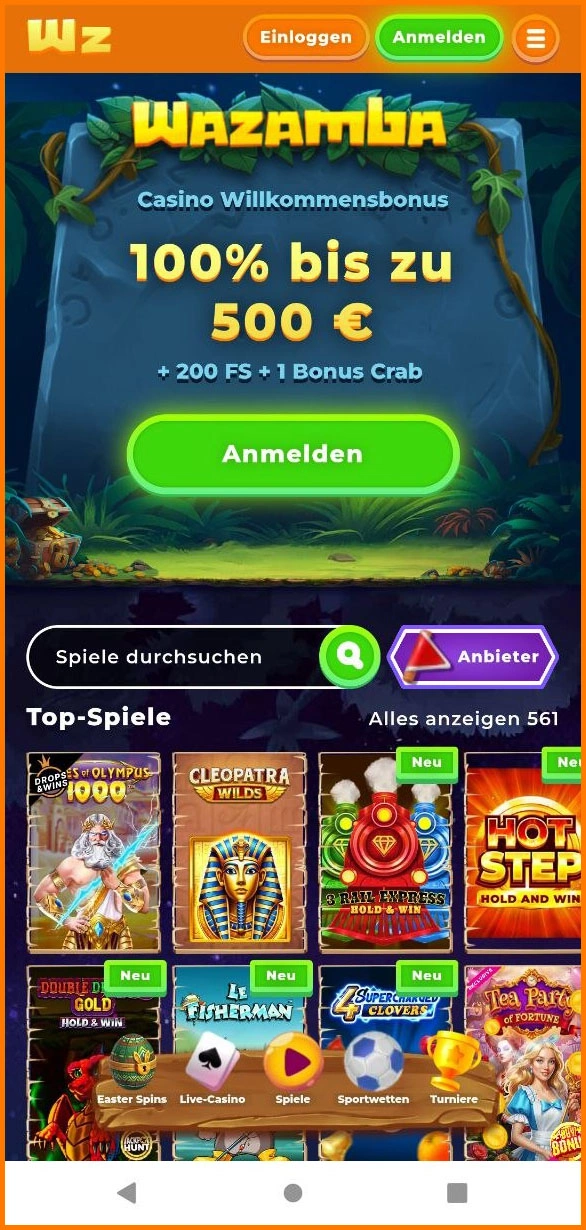 Mobile Nutzung von Wazamba Casino im Browser