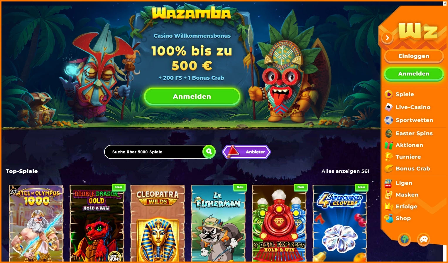 Kompakte Übersicht der Hauptkategorien von Wazamba Casino